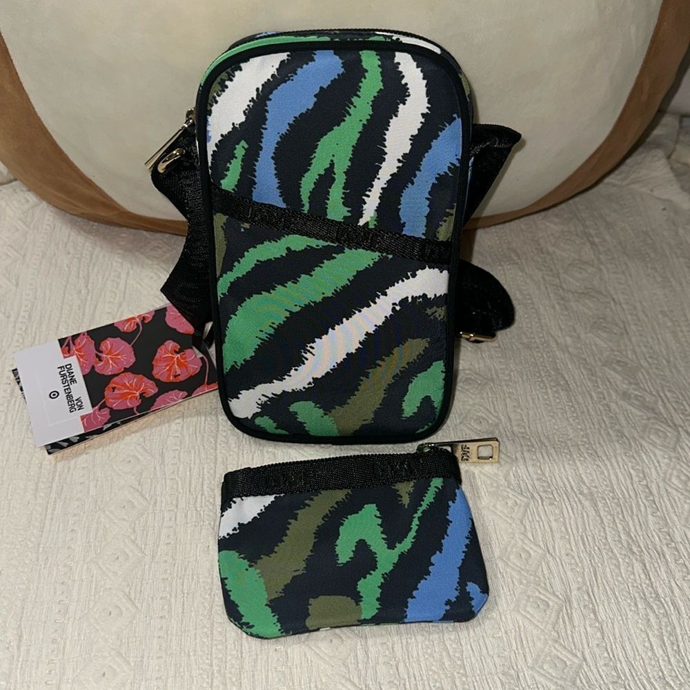 DVF x Target Black Green White Disco Zebra Nylon Small Crossbody Bag Wallet Set